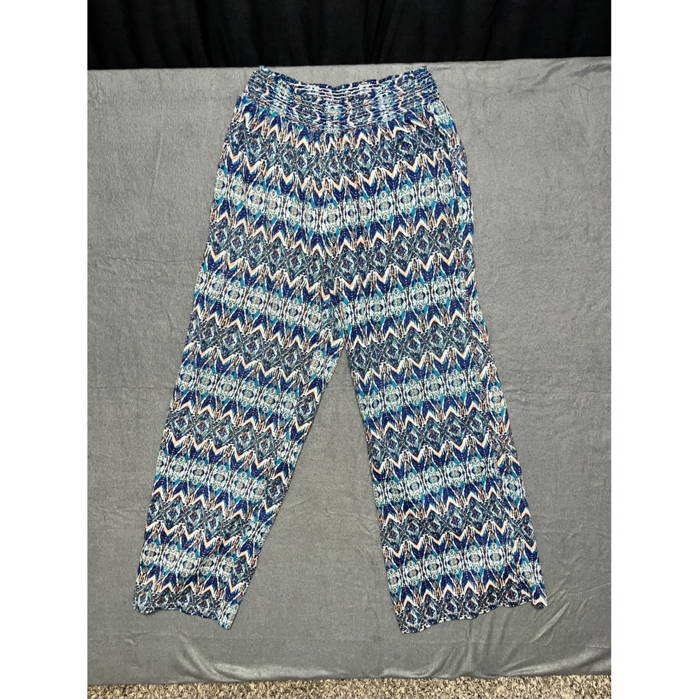 Eye Candy Womens Blue White Geometric Print Cotton Wide Leg Smocked Pants Size M